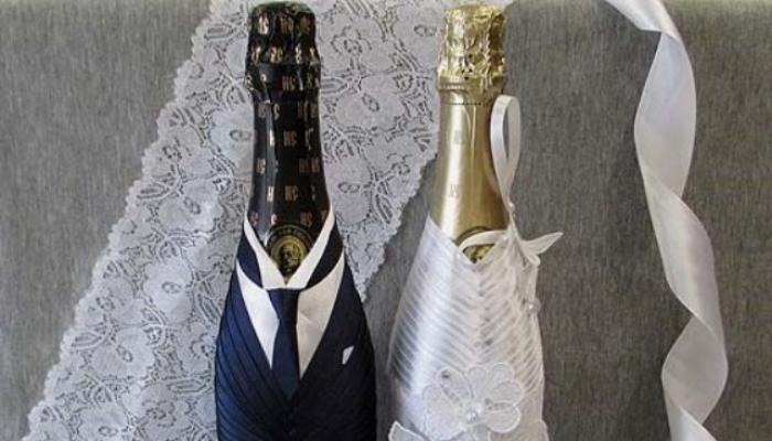 Шампанское жених и невеста на свадьбу своими руками (мастер-класс) Галстук для вина из салфетки